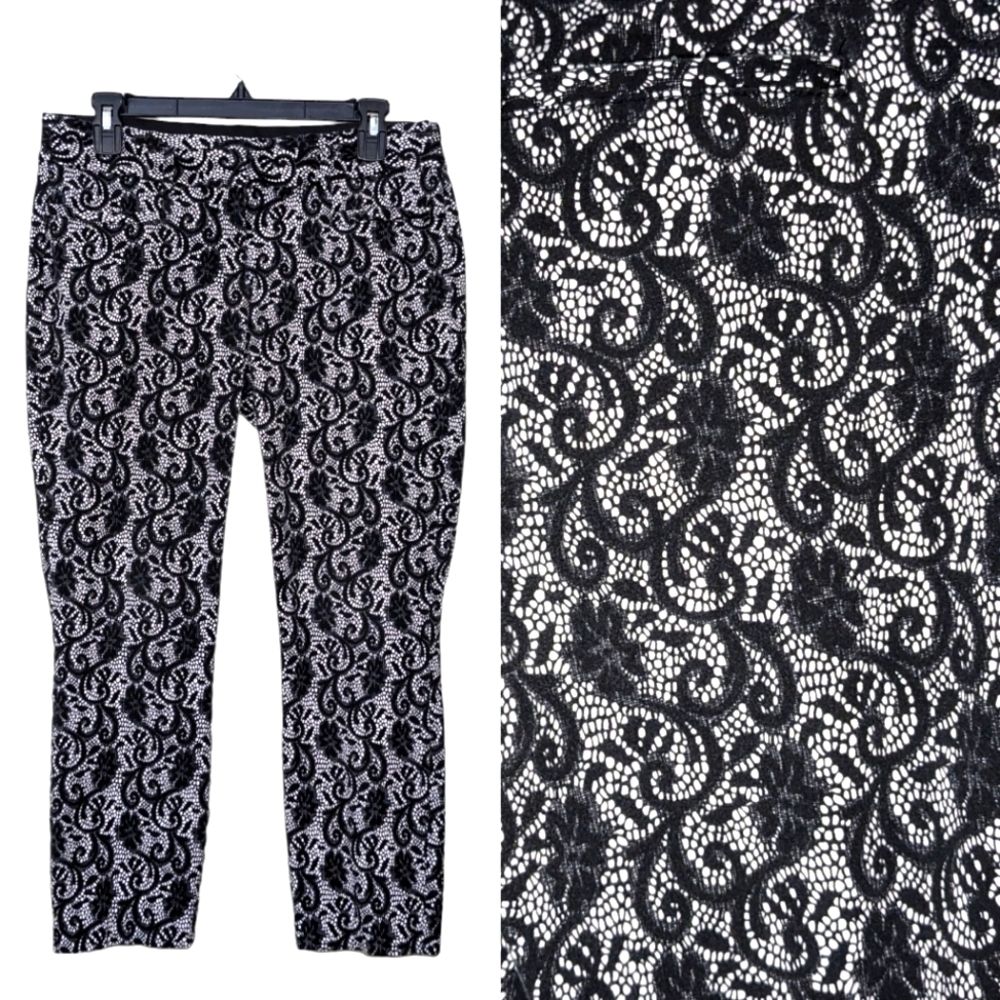 CANDIE'S Audrey Ankle Cropped 11 Paisley Black Silver Gray Casual Pants Capri - Picture 1 of 6